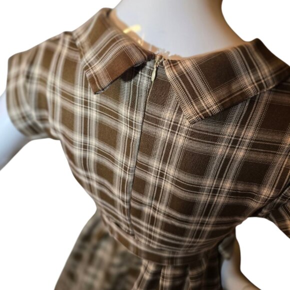 Vintage 50's Inspired Brown & Cream Plaid Belted Midi Dress sz S - Picture 6 of 7